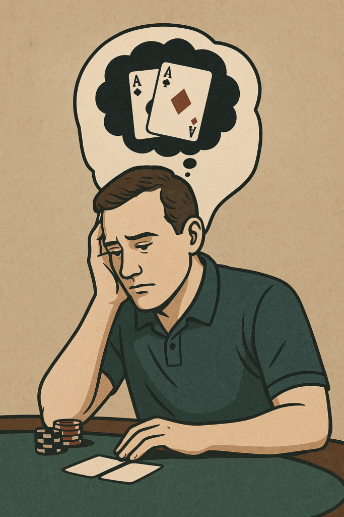 Illustration of a poker player sitting at a table, looking frustrated with a thought bubble above his head showing playing cards, symbolizing how poker impatience often begins mentally before leading to poor decisions.