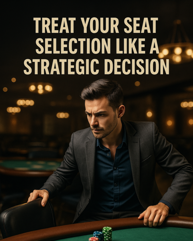 A poker player sits down at a casino poker table with a focused expression, emphasizing the importance of seat selection as a strategic decision in live poker games. Bold text overlay reads: “Treat Your Seat Selection Like a Strategic Decision